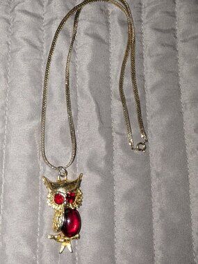 $3 with Bundle ~ Gold Tone Chain Necklace with Red Rhinestone Owl Pendant 6509